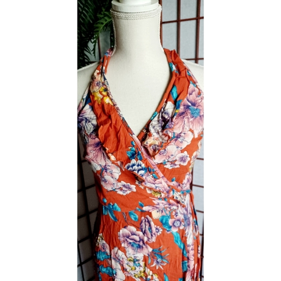 Band of Gypsies Ruffle V-Neck Faux Wrap Maxi Dress - Burnt Orange/Blue-Multi - Picture 13 of 16